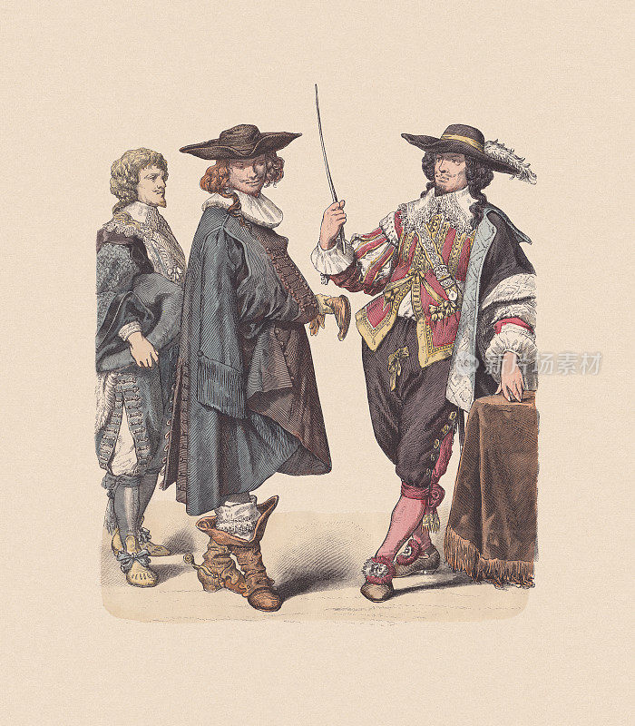 17世纪，法国服饰，贵族，手工着色木刻，大约1880年出版