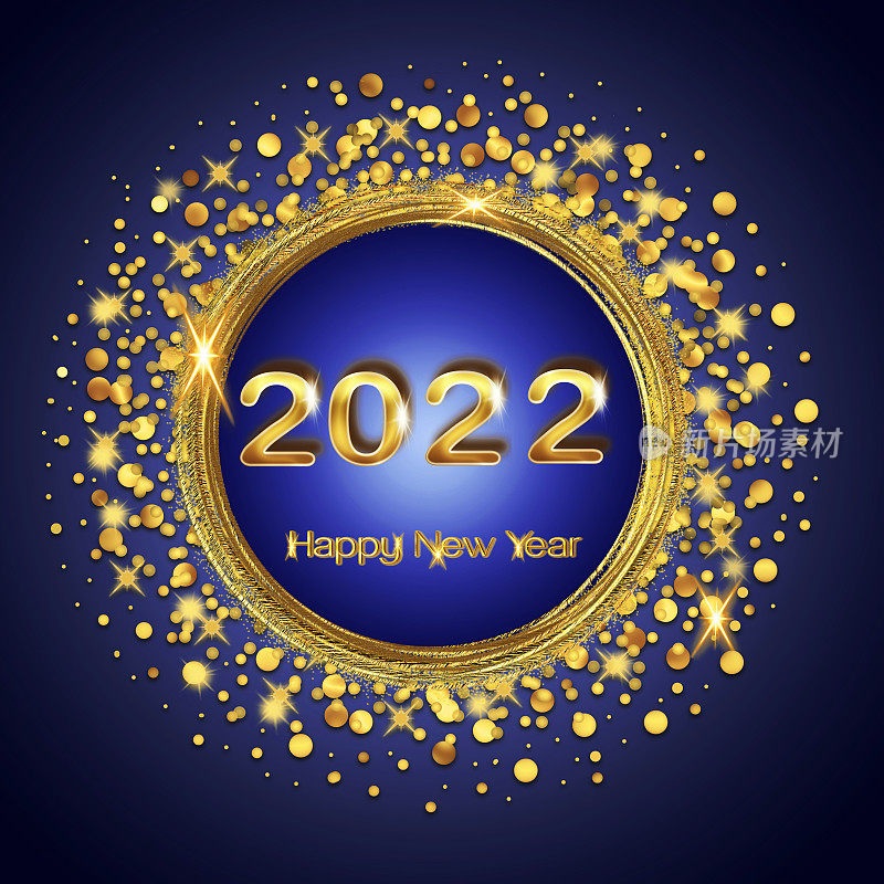 快乐的金色新年2022，在深蓝色的背景上闪闪发光。