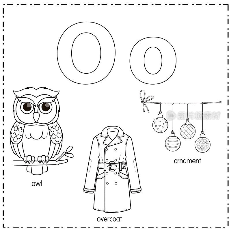 向量插图学习字母O的小写和大写的儿童与3卡通图像。猫头鹰大衣点缀。
