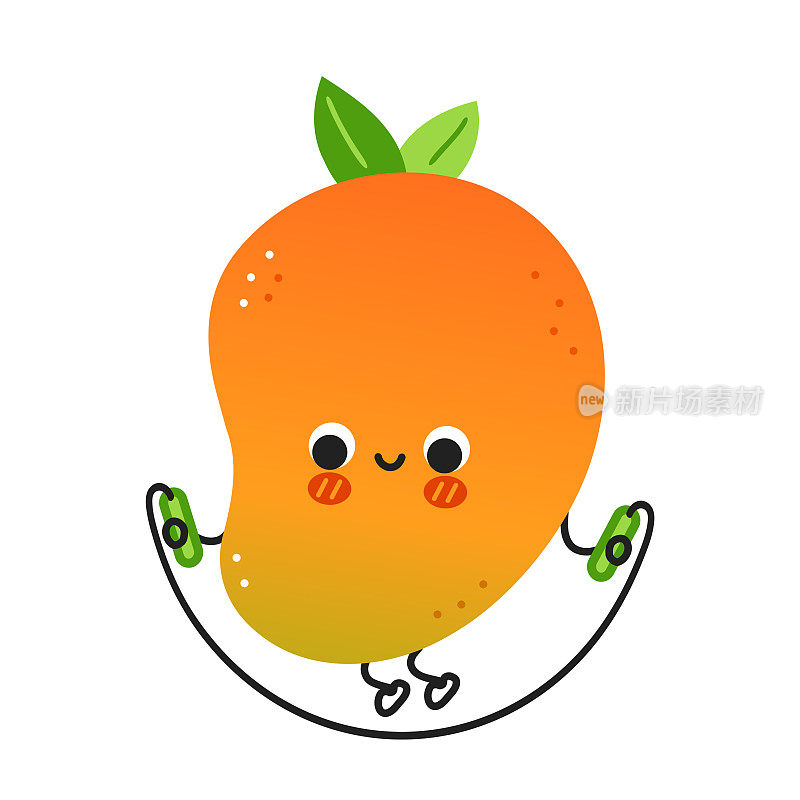 可爱有趣的芒果水果，用跳绳锻炼身体。矢量手绘卡通卡哇伊人物插图图标。孤立在白色背景上。芒果奇异的小果性格概念