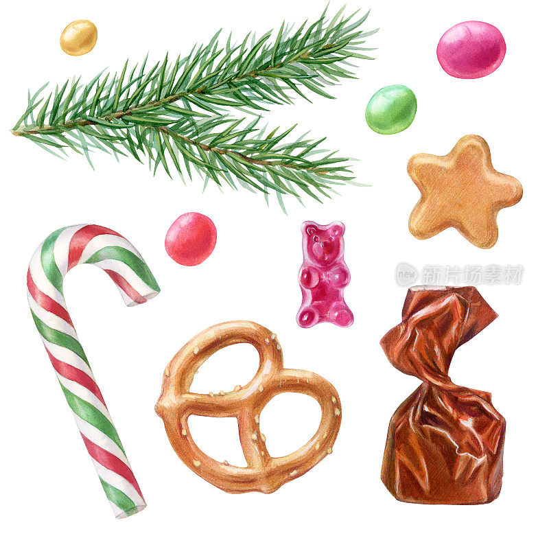 圣诞套装，糖果和冷杉树枝插图