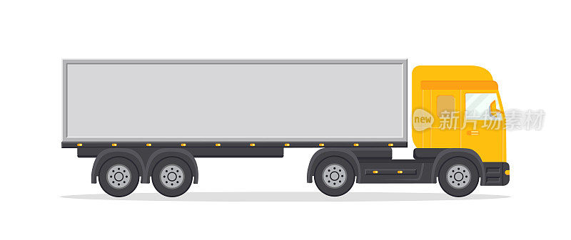 运送货物的卡车。卡车在侧面。带重型货物车的长铰接拖车。带有集装箱的车辆的平面图标，用于移动货物。卡车模型，有引擎，轮子，门。向量