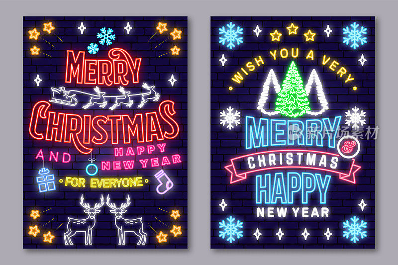 霓虹灯风格的圣诞快乐和2022年新年海报。收集霓虹灯招牌，设计模板，小册子，发光的海报。圣诞节、圣诞节和新年的霓虹灯广告。矢量插图。