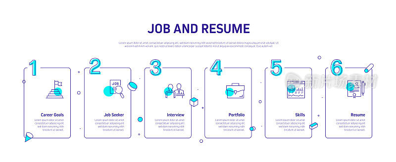 工作和简历相关流程信息图模板。过程时间图。工作流布局与线性图标