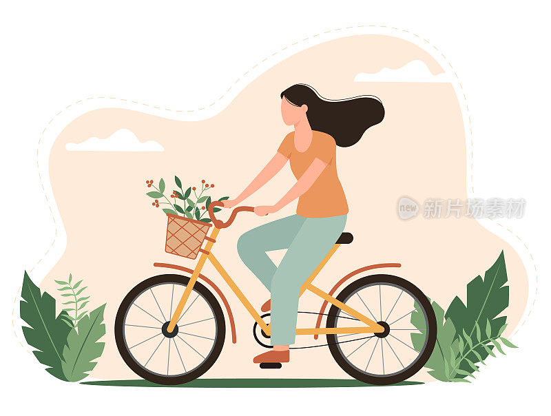 可爱的女孩骑着自行车，前面的篮子里放着一束花。骑自行车的迷人女人。矢量图