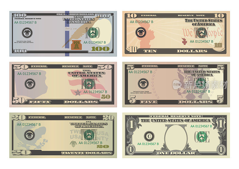 一套不印总统肖像的一百元、五十元、二十元、十元、五元和一元钞票。100、50、20、10、5和1美元钞票。模板或模拟纪念品