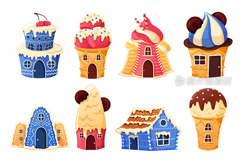 卡通的房子。幻想糖果和饼干的甜蜜多彩。矢量姜饼和蛋糕屋设置