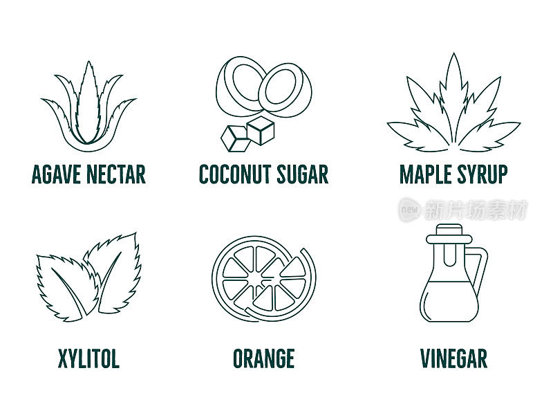 图标集龙舌兰花蜜，椰子甘蔗糖，枫糖浆，木糖醇，橙，醋图标矢量插图