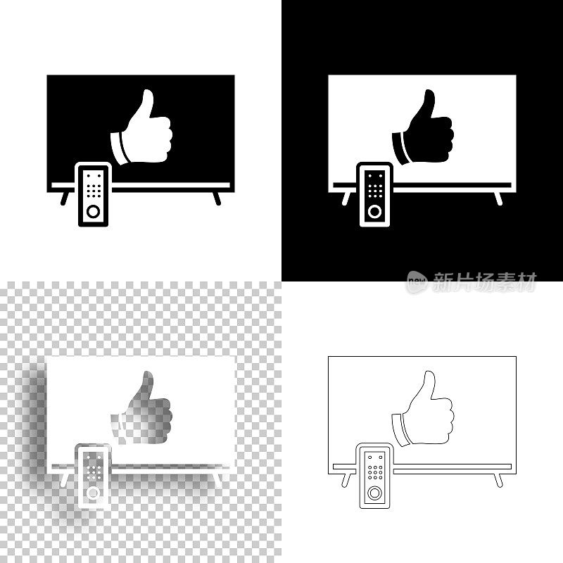 竖起大拇指看电视。图标设计。空白，白色和黑色背景-线图标