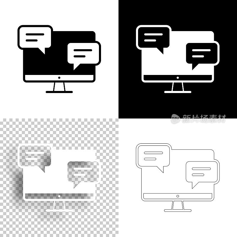 桌面电脑与聊天气泡。图标设计。空白，白色和黑色背景-线图标