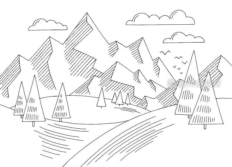 山地山地简单图形黑白景观速写插图矢量