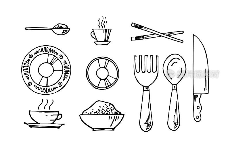 一套厨房工具涂鸦。手绘厨房设备。
矢量插图在白色背景。剪纸艺术餐厅菜单，食谱书，和墙纸。