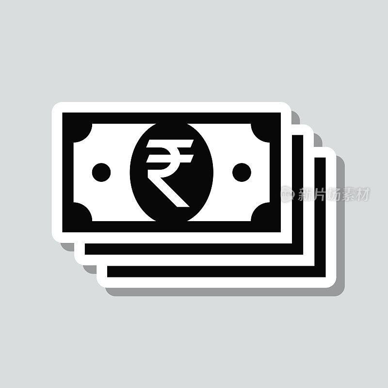 印度卢比钞票。图标贴纸在灰色背景