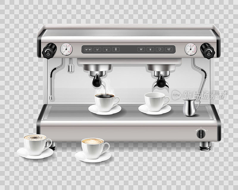 现代金属专业咖啡机与白瓷杯，前视图逼真的3d渲染孤立在白色背景。浓缩卡布奇诺咖啡机蒸汽起泡机
