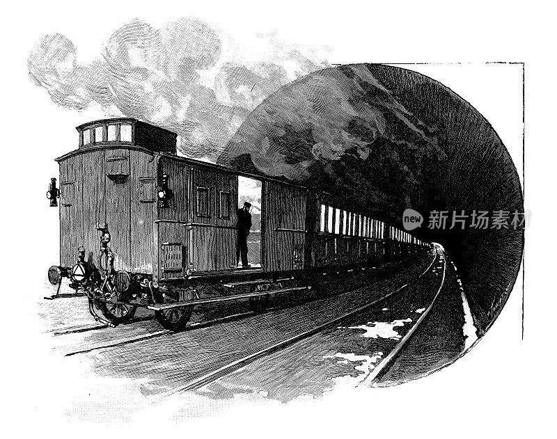 古董插图:火车进入隧道