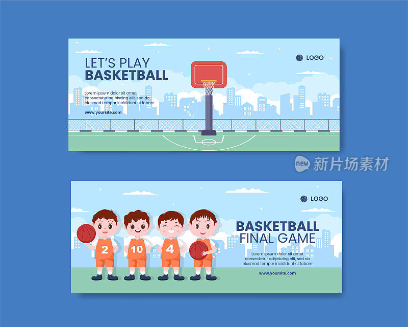 篮球运动比赛社交媒体横向横幅模板卡通背景向量插图