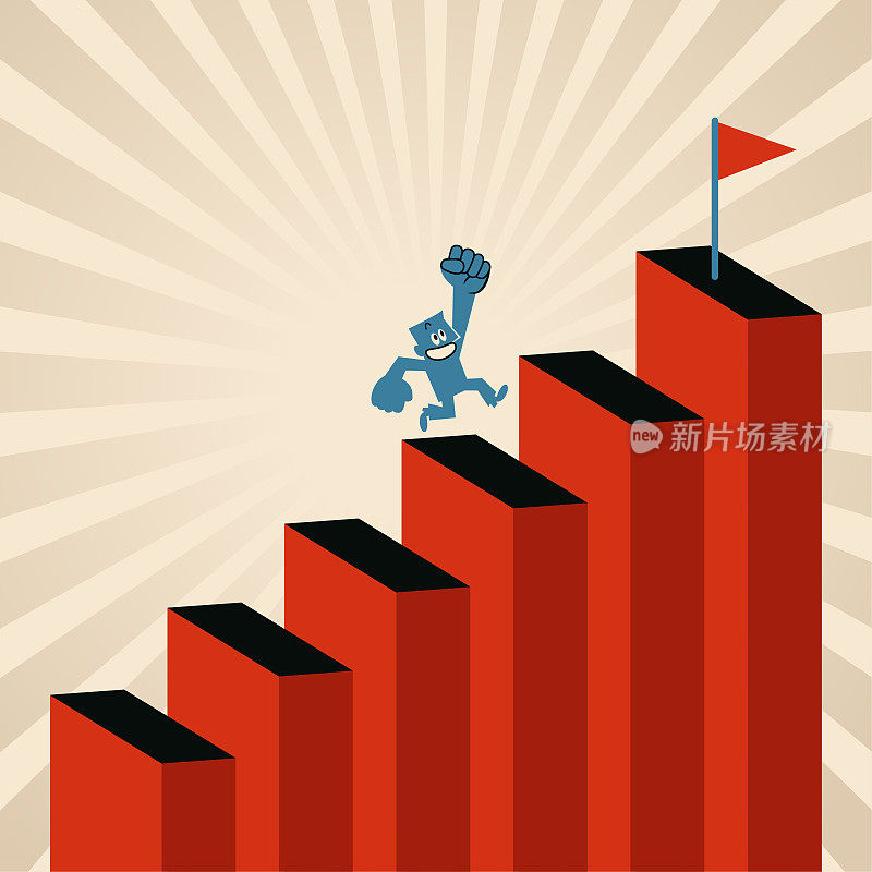 通往成功的阶梯,一个商人爬上不断增长的阶梯,实现了他的目标