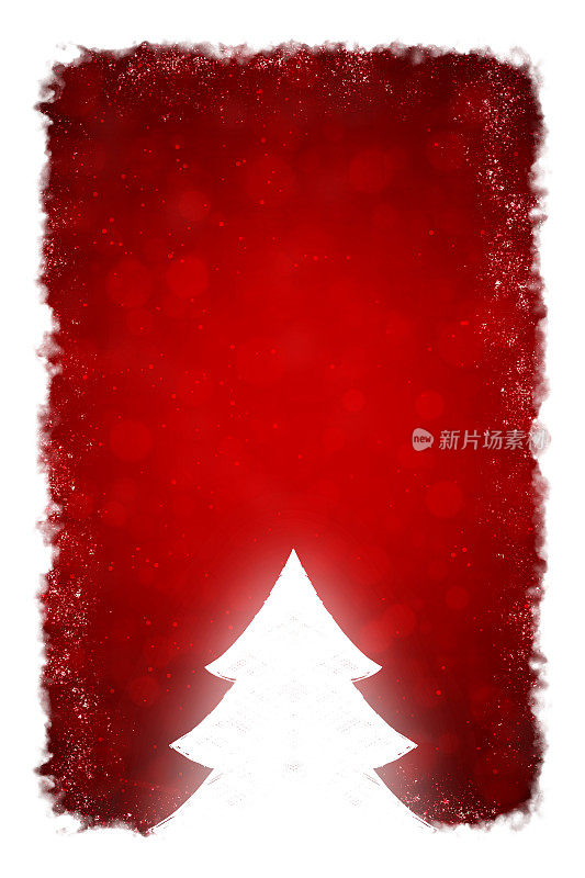 创意暗红色或栗色垂直圣诞背景与一棵白色针叶树，雪花闪闪的点沿着雾蒙蒙的烟熏边缘