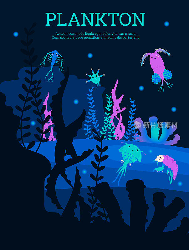 浮游生物水下世界旗帜或海报设计平面矢量插图。