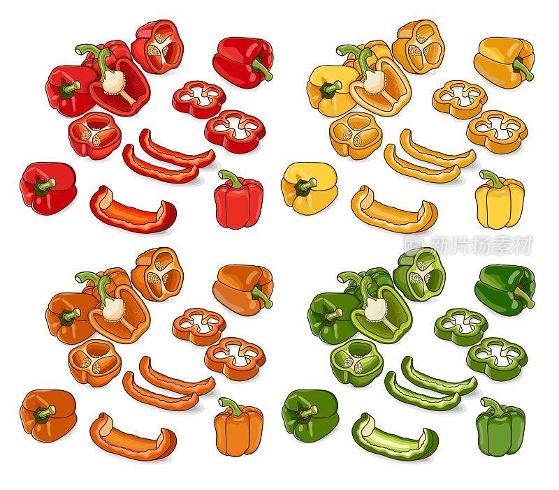 一套红，绿，黄，橙灯笼椒。整个，一半，切片和楔形辣椒。甜椒，辣椒。蔬菜。卡通风格。矢量插图孤立在白色背景上。