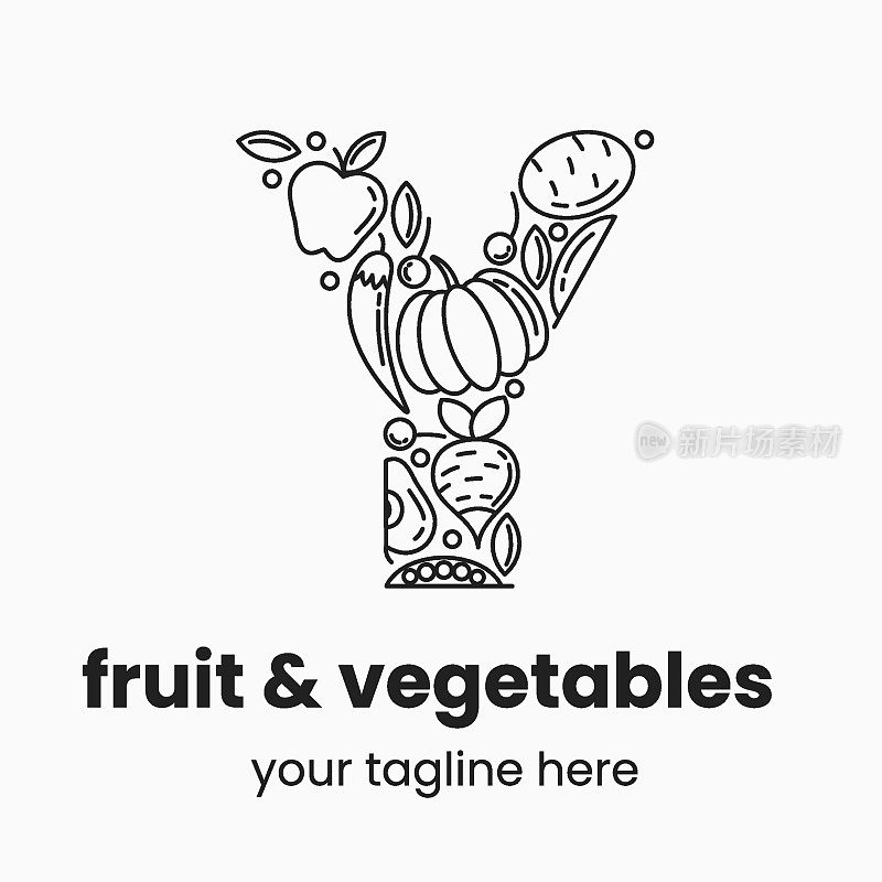 字母Y由水果和蔬菜组成。有机食品标志概念。