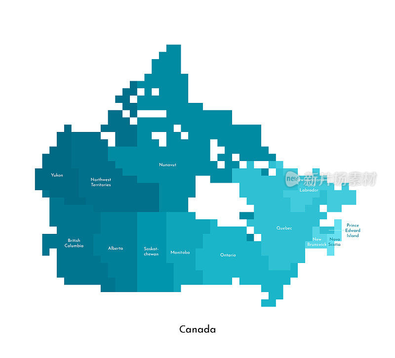 矢量孤立几何插图与简化冰蓝色轮廓加拿大地图。非ft模板的像素美术样式。虚线标志与渐变纹理的设计