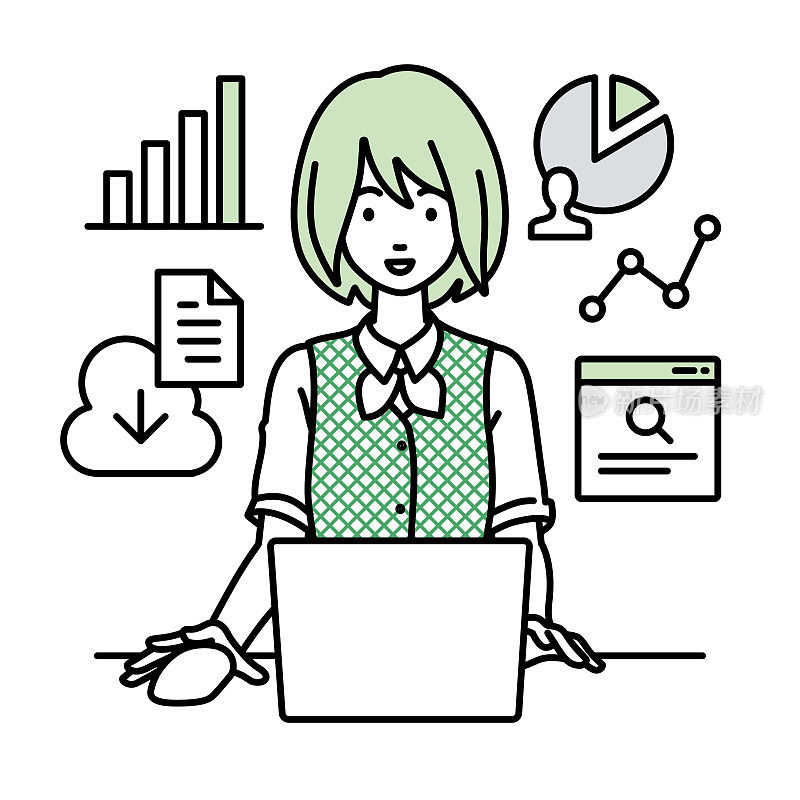 一名身穿办公服的妇女在办公桌前使用笔记本电脑浏览网站、进行研究、在云端共享文件、分析和做报告