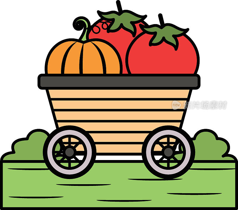 购物车与水果和蔬菜在田里的概念，农民市场矢量颜色图标设计，农场和园艺符号，村民的生活标志，农村和牲畜库存插图