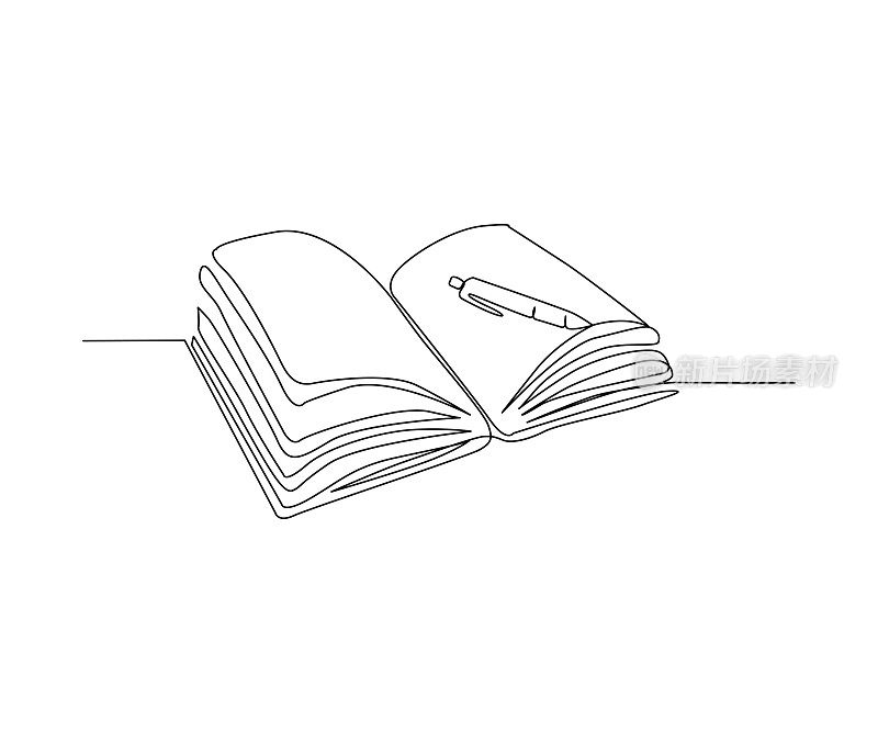 书与笔或铅笔的连续线条艺术画。打开书单线艺术画矢量插图。