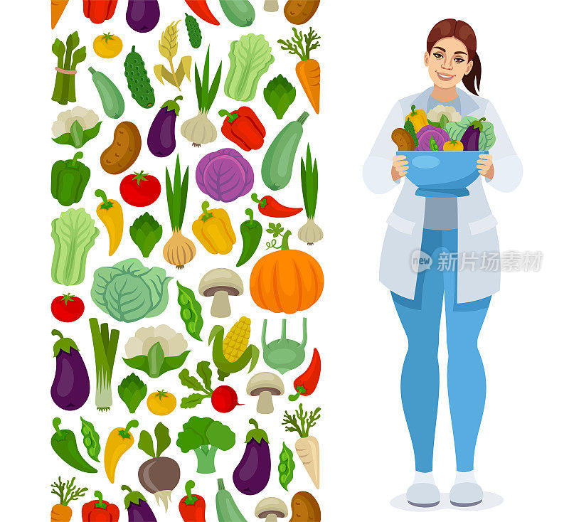 素食食物。女医生促进健康生活。蔬菜模式。