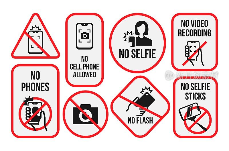 不拍照，相机，手机，自拍，录像，禁止标志划掉红色边框，设置线向量
