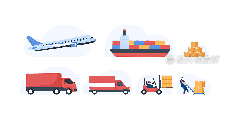 全球物流配送。货物进出口。汽车、飞机、轮船、叉车和卡车。国际快递。插图