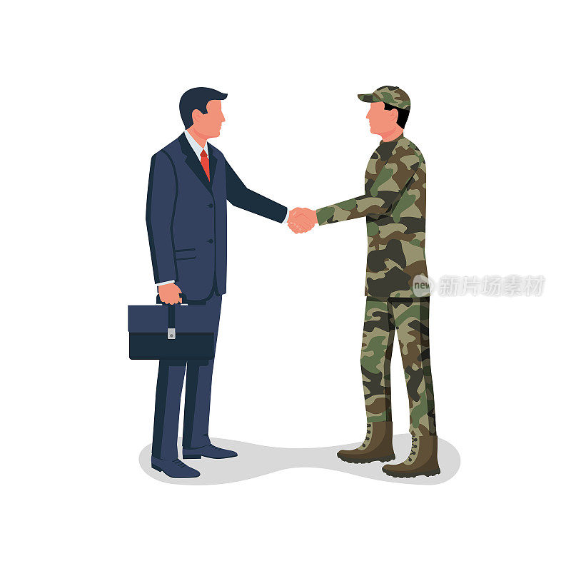 握手商人和士兵。谈判成功的象征。