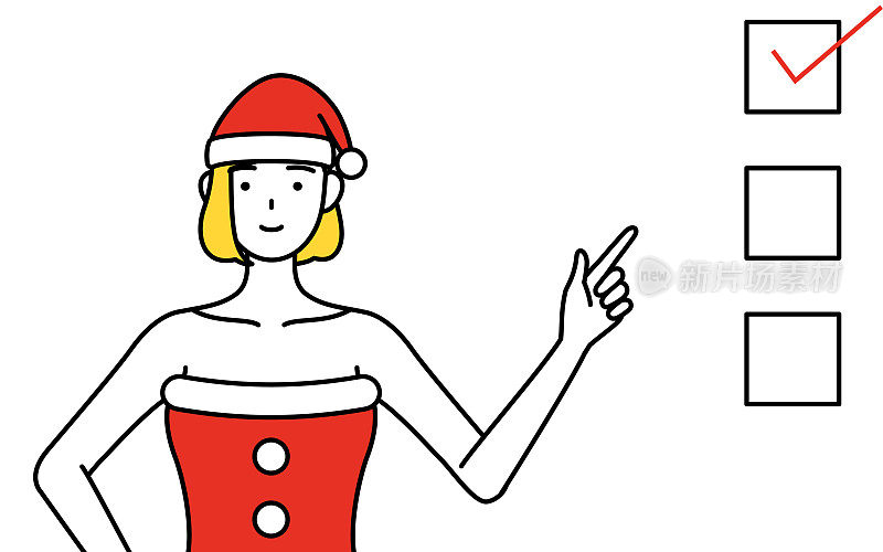 一个打扮成圣诞老人的女人指着一张清单的简单线条插画。