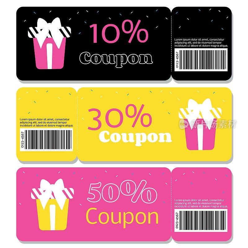 折扣券向量模板。黄色，粉色和黑色优惠券与折扣和礼品图标。促销门票10%，30%，50%