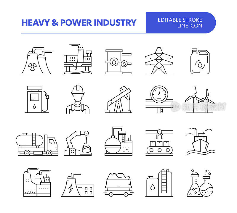 重型和电力工业相关的线矢量图标集。可编辑的中风。发电厂，石油工业，化学工业，能源