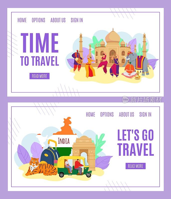 旅行时间到了，印度旅游条幅集合矢量插画。印度具有里程碑意义。印第安人穿着传统服装跳舞。旅游文化