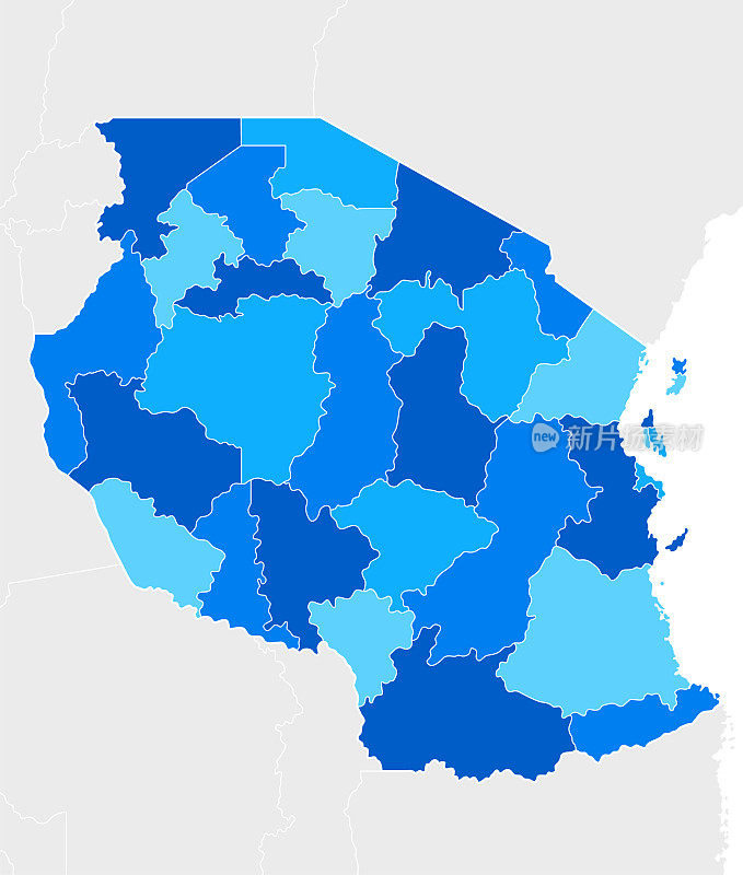 高度详细的坦桑尼亚蓝色地图与区域和国家边界