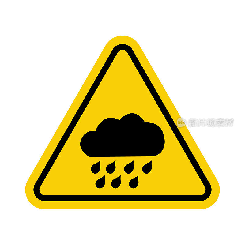 下雨的迹象。雨警告。黄色三角形标志，内有雨云图标。有大雨及意外风险。小心，湿滑路面。有淹水危险。