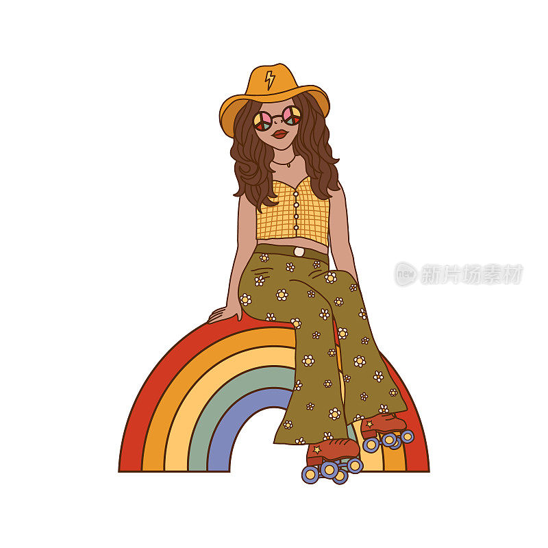 复古时髦的迷幻女孩戴着眼镜，帽子坐在白色背景的彩虹上。时尚60年代70年代的女性迷幻矢量插图在卡通手绘风格