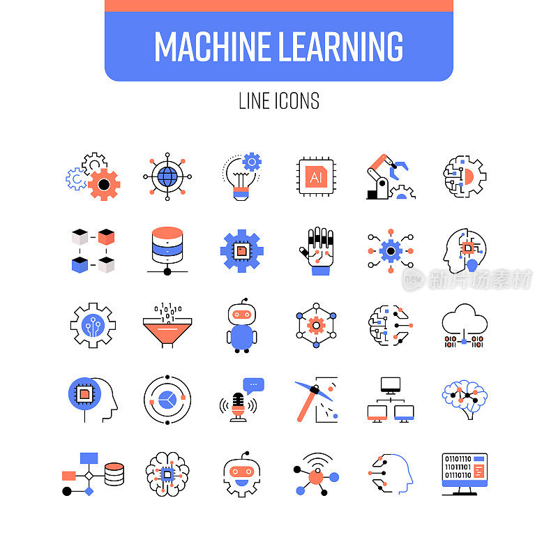 机器学习线图标集。连接，机器人，数据库，人工智能。
