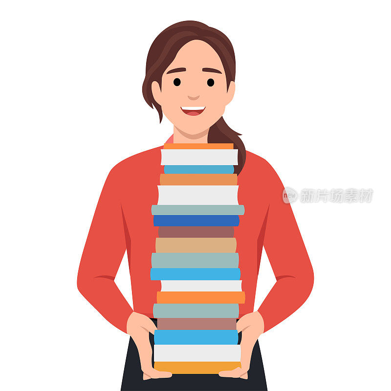拿着一摞书的女人。书店、书店、图书馆、爱书人、爱书人、教育理念。孤立的矢量插图海报。