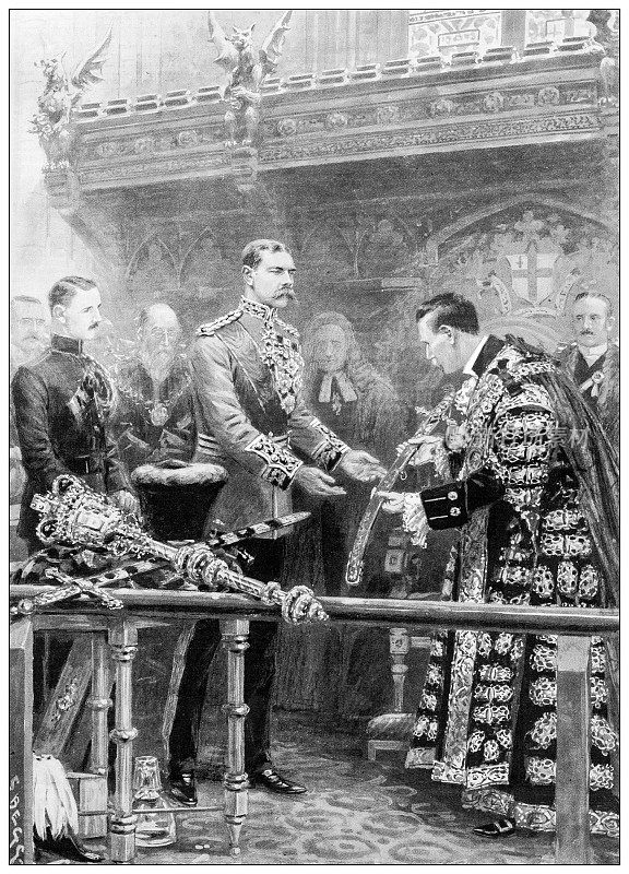英国杂志上的古董图片:梅杰勋爵在多佛市政厅向基奇纳勋爵颁发荣誉之剑