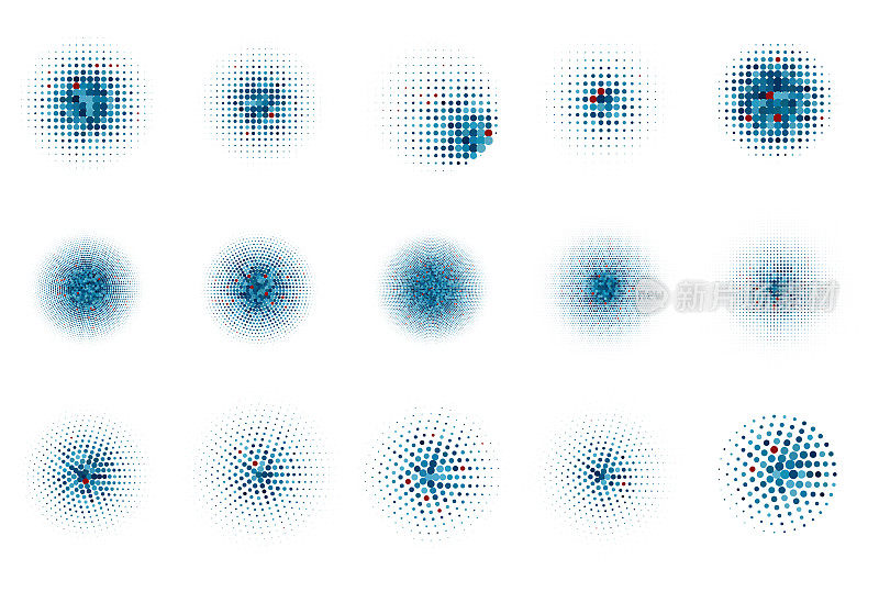 矢量蓝色半色调梯度波点纹理集圆元素在白色背景