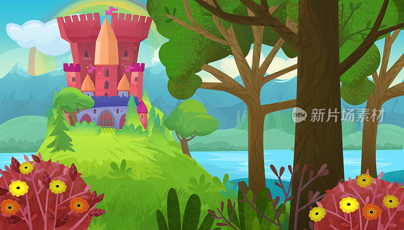 卡通场景与自然森林和城堡插图