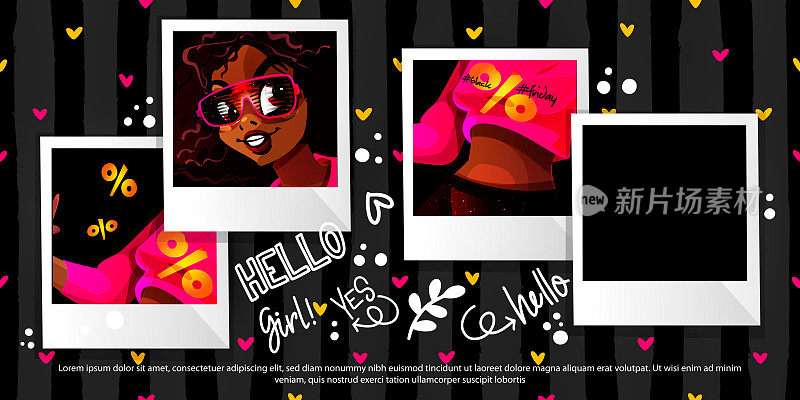 卡通风格的季节性销售概念。“黑色星期五”。一个年轻美丽的非裔美国女性的快照，在抽象的彩色条纹背景下，留出文字空间。明亮的创意节日海报或横幅。