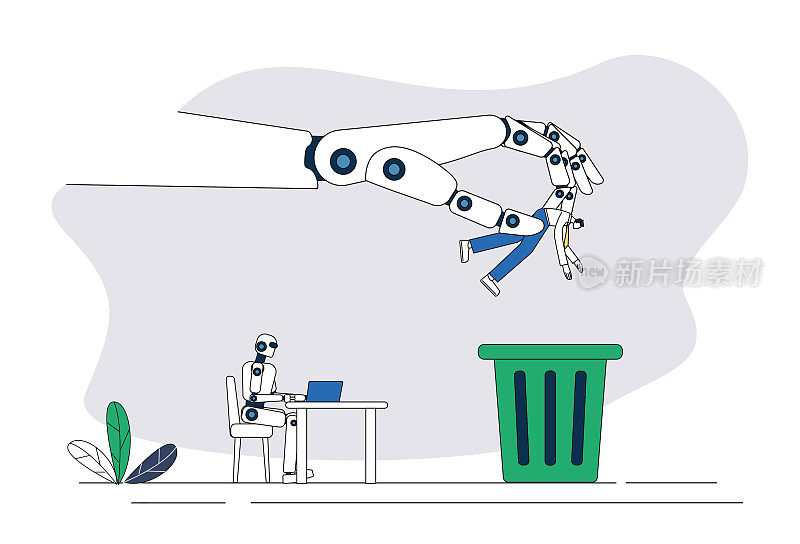 机器人取代了人类的工作，白领工人被扔进了垃圾桶。