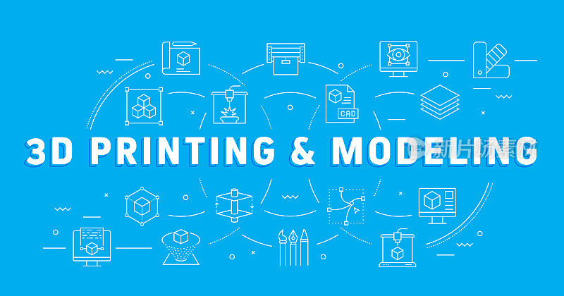 3D打印和建模相关的横幅设计网页，标题，小册子，年度报告和书籍封面