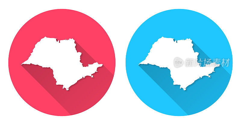 圣保罗地图。圆形图标与长阴影在红色或蓝色的背景