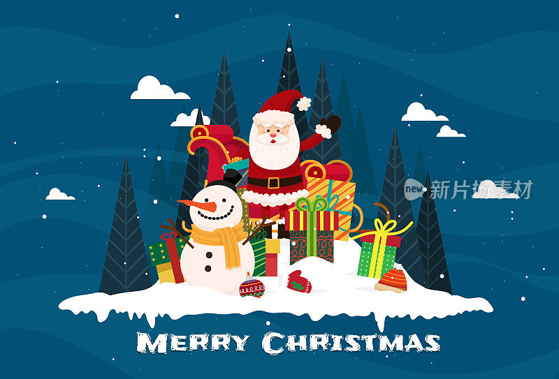 圣诞寒假快乐。圣诞老人，雪人，礼盒和圣诞树。